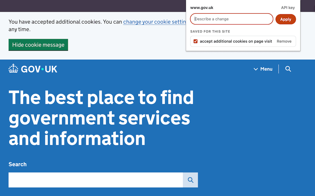 GOV.UK with its cookie banner answered automatically