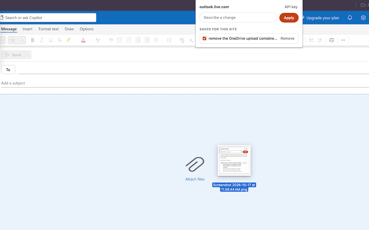 Outlook with the OneDrive upload drop zone removed, leaving only Attach files