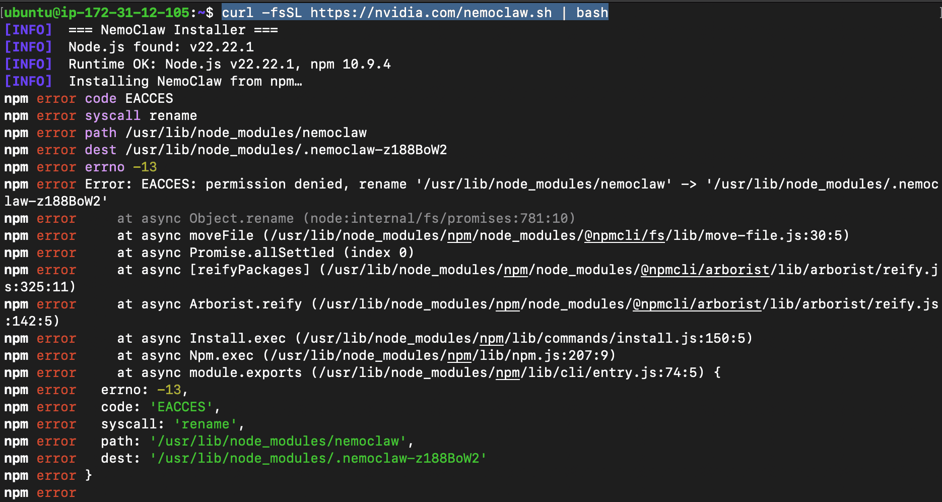 EACCES permission error when running NemoClaw installer without sudo