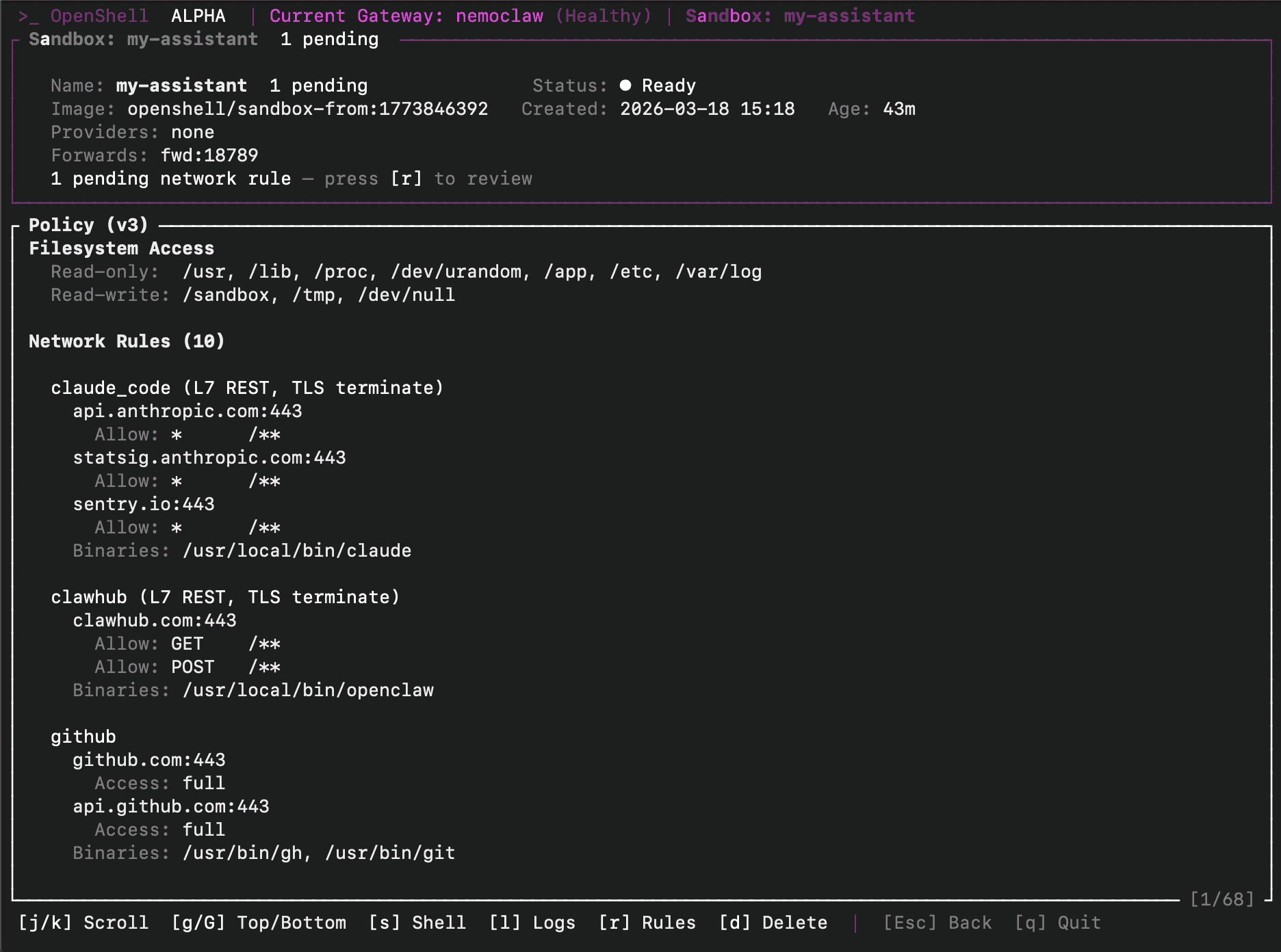 NemoClaw policy view showing npm registry access as the only configurable rule