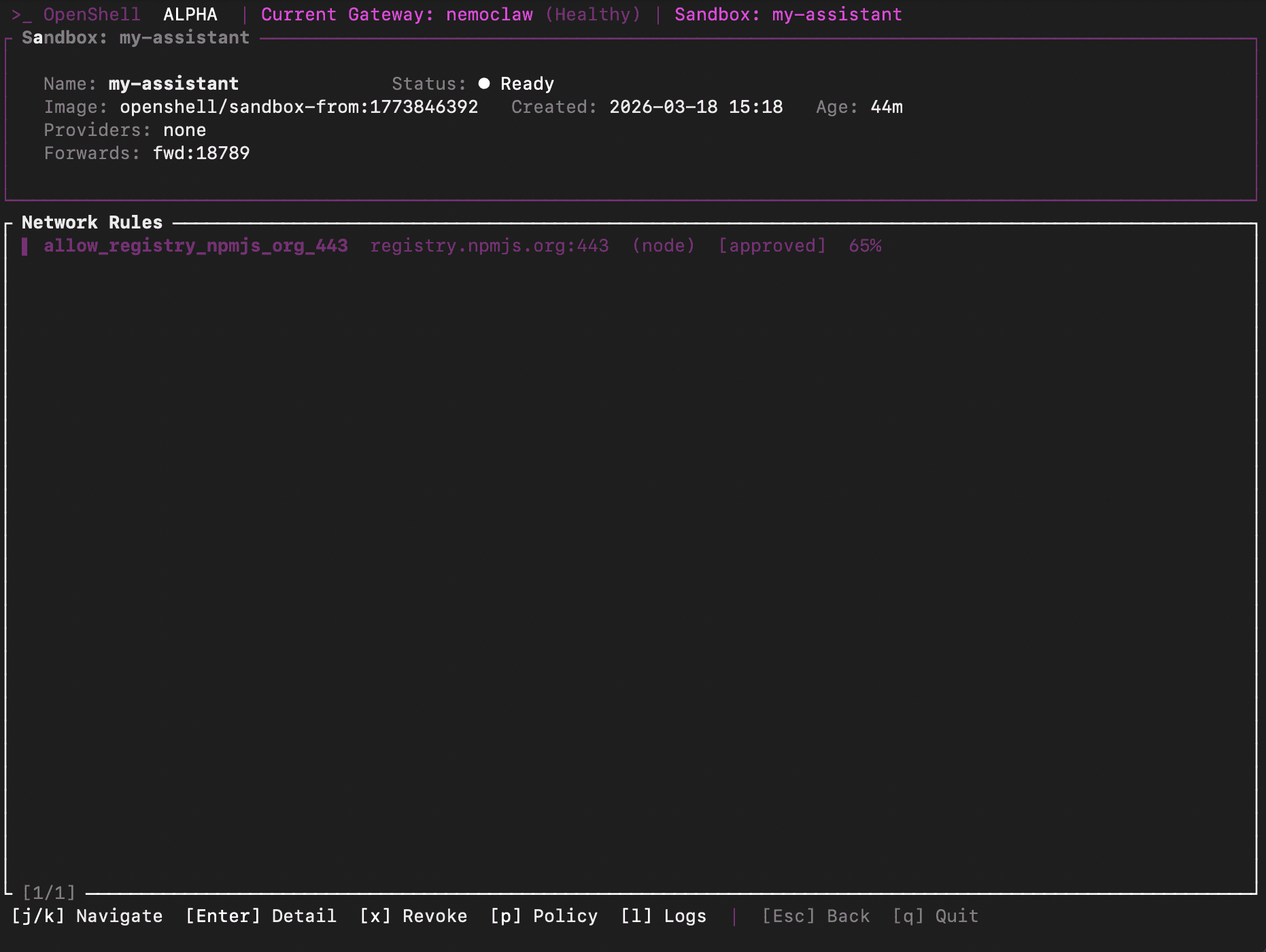 NemoClaw sandbox showing network rules and filesystem policy