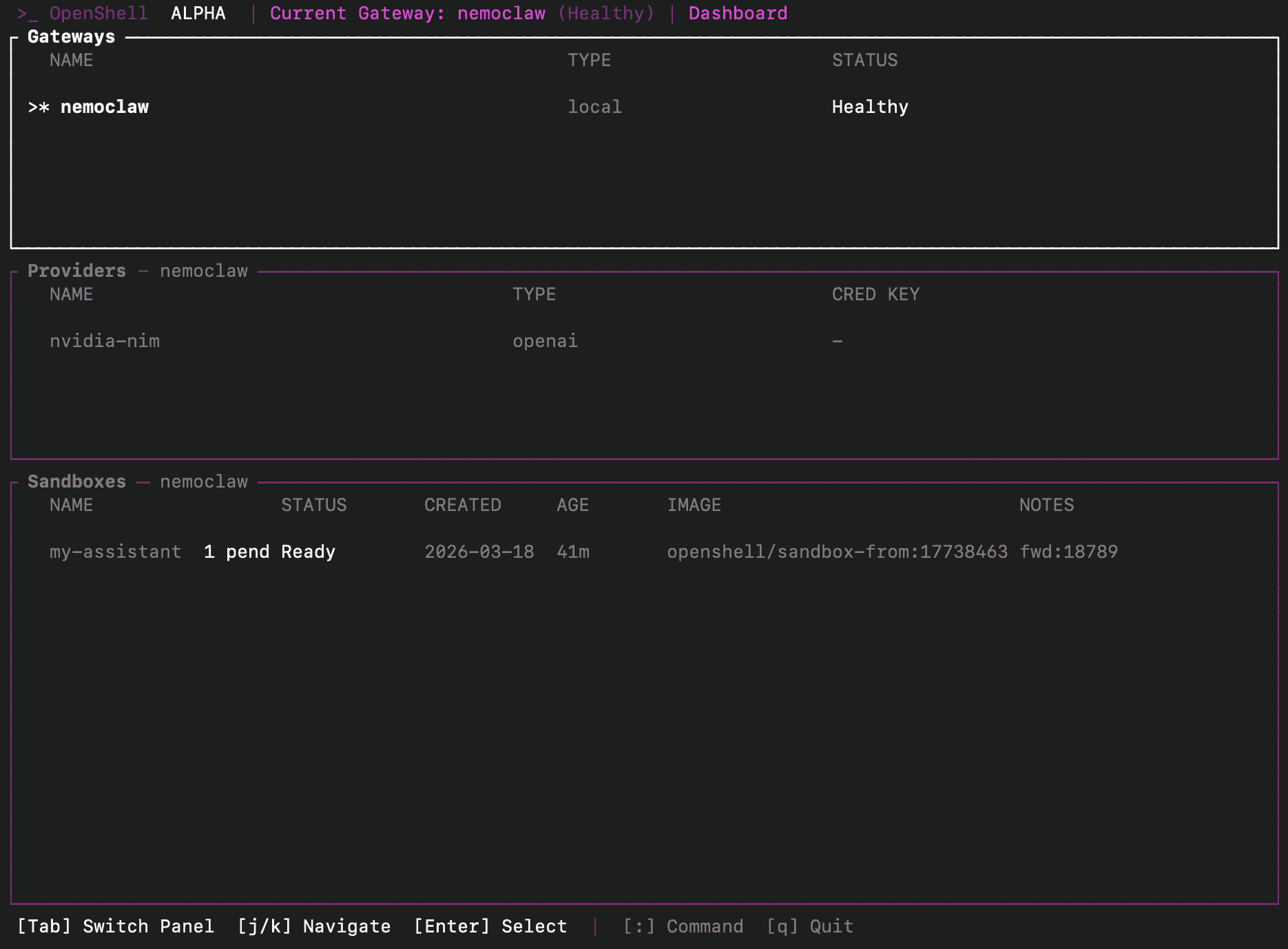 OpenShell terminal UI showing gateways, providers, and sandboxes