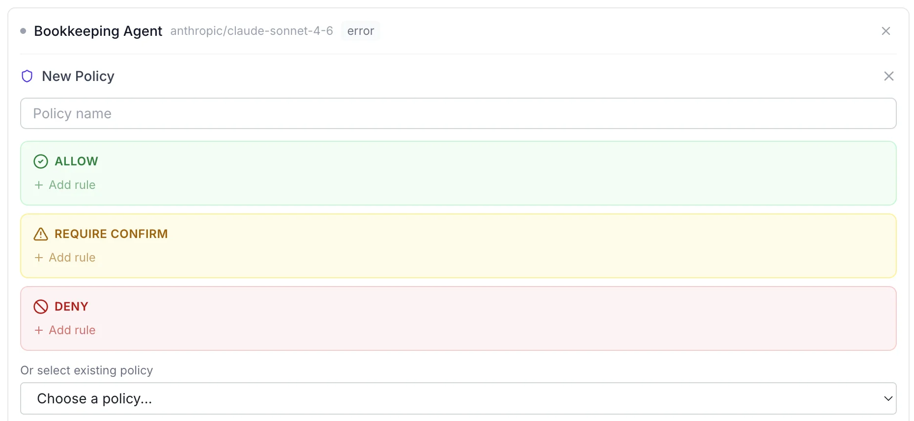 Policy editor with Allow, Require Confirm, and Deny tiers
